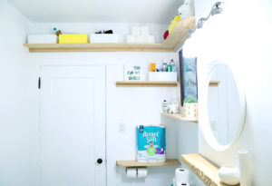 DIY Faux Floating Bathroom Shelves - 2nd view of wall by door.